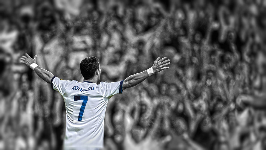 Cristiano Ronaldo Celebrating With Arms Raised In White Jersey Number 7 HD wallpaper