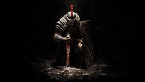 Dark Fantasy Knight in Full Plate Armor Kneeling with Sword in Rain HD wallpaper