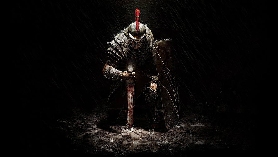 Dark Fantasy Knight in Full Plate Armor Kneeling with Sword in Rain HD wallpaper