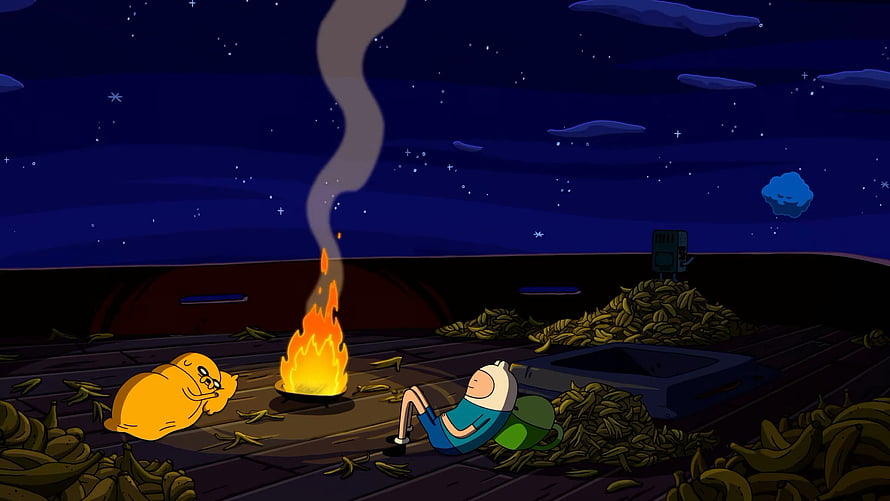 Adventure Time Finn and Jake Relaxing by Campfire Surrounded by Bananas HD wallpaper