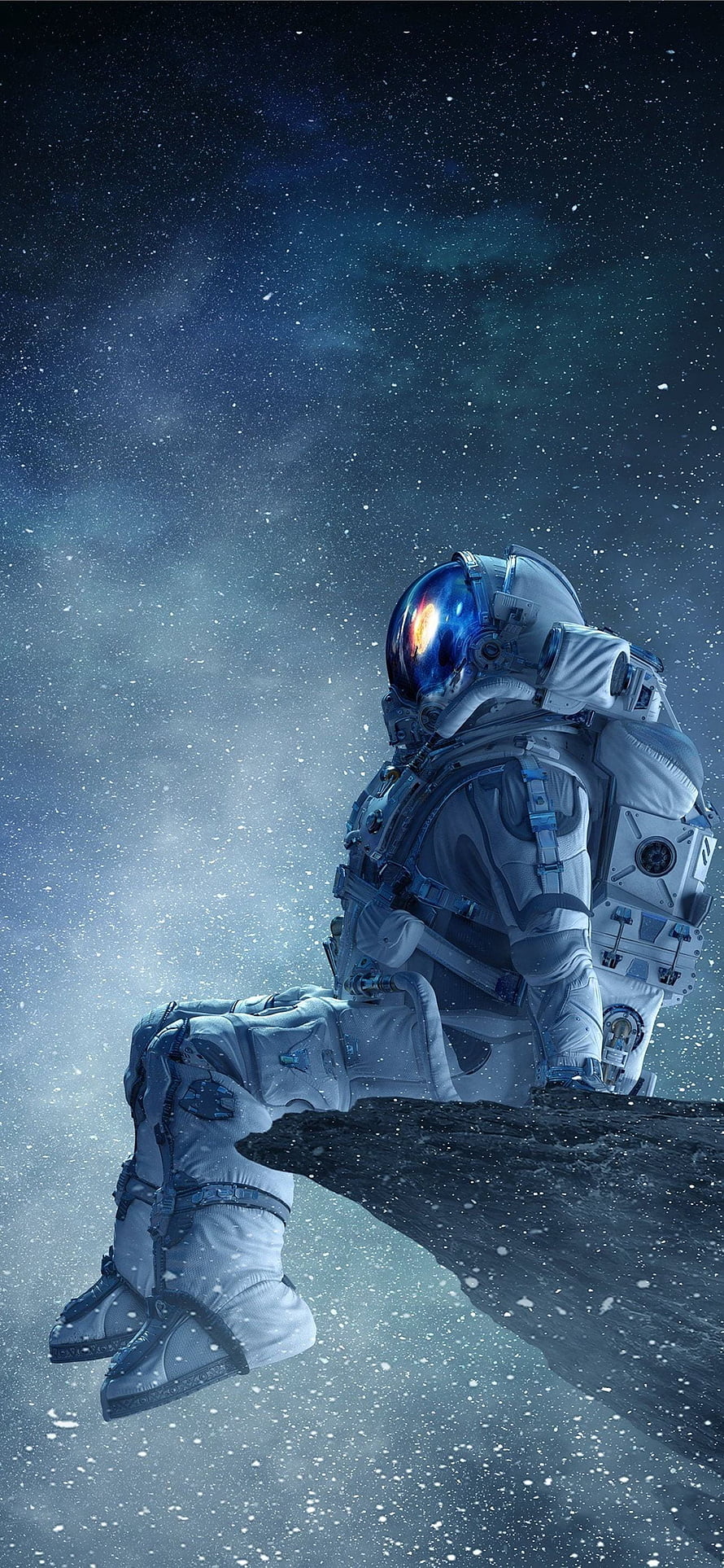 Astronaut Seated on Asteroid Edge in Deep Space with Starfield Background HD phone wallpaper