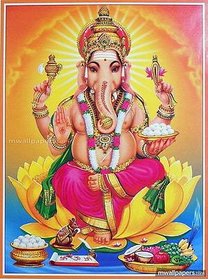 Lord Ganesha Sitting on Lotus with Modak and Sacred Offerings HD phone wallpaper