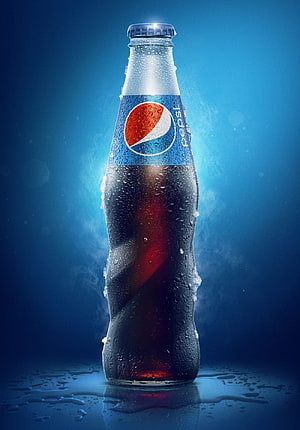 Chilled Pepsi Glass Bottle with Condensation and Ice on Blue Background HD phone wallpaper