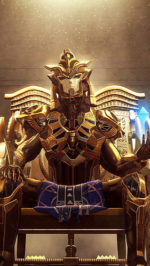 Golden armored robot king sitting on a throne with glowing blue crystals and ancient hieroglyphic background HD phone wallpaper