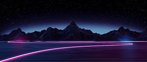 Retro Synthwave Night Landscape with Neon Grid and Starry Sky HD wallpaper