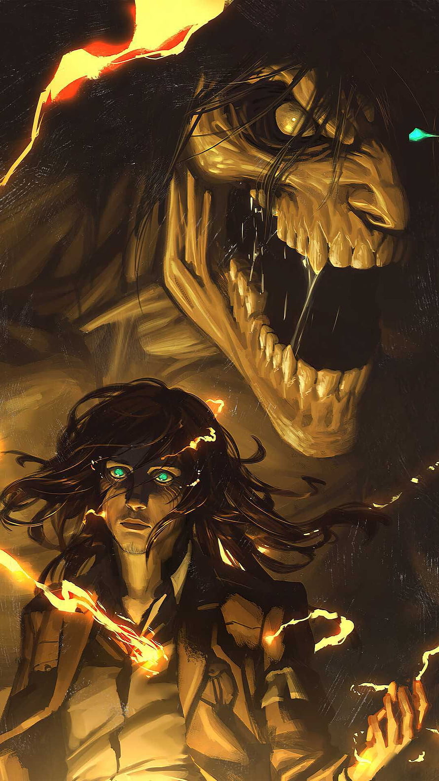 Dark Fantasy Illustration of a Man with Glowing Eyes and a Giant Skull, attack on titan eren yeager , #Eren Yeager HD phone wallpaper