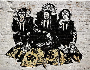 Banksy Street Art: Three Monkeys in Suits with Money Bags on Brick Wall HD wallpaper