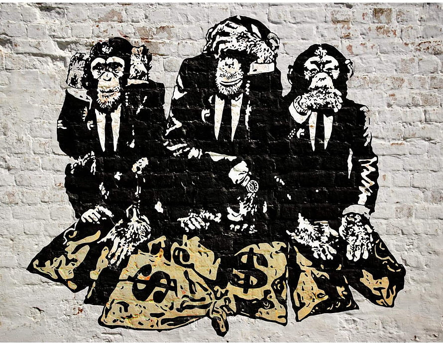 Banksy Street Art: Three Monkeys in Suits with Money Bags on Brick Wall HD wallpaper