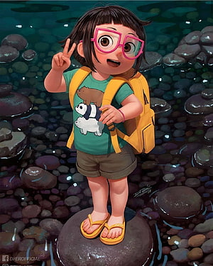 Cute Cartoon Girl with Pink Glasses and Yellow Backpack Standing on River Rocks HD phone wallpaper