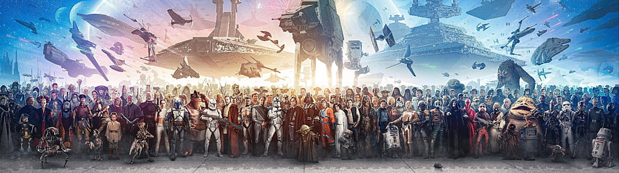 Star Wars The Complete Saga All Characters Group Photo With Spaceships And Planets HD wallpaper