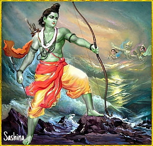 Lord Shiva as Ardhanaarishvara standing on rocks with bow and arrow amidst ocean waves HD wallpaper