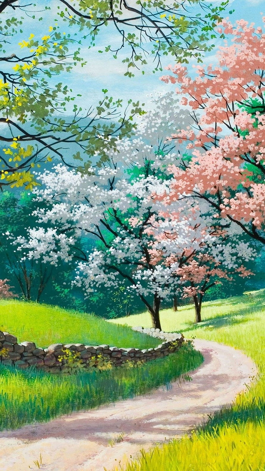 Serene Spring Landscape with Cherry Blossoms and Winding Path HD phone wallpaper