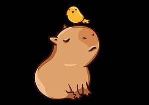 Cute cartoon capybara with a small yellow bird perched on its head, relaxing peacefully on a black background HD wallpaper