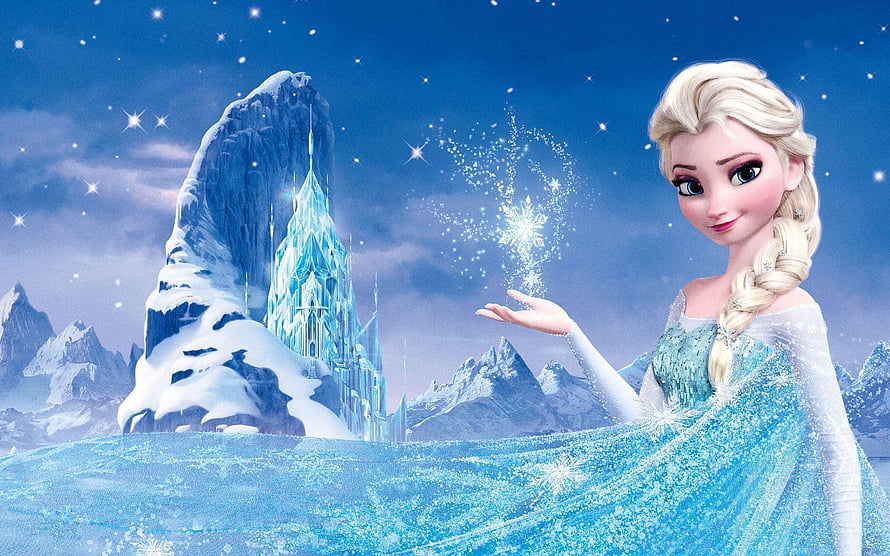 Elsa from Frozen conjuring ice magic before her snow palace under a starry night sky HD wallpaper