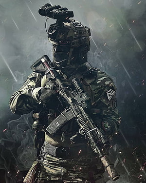 Tactical soldier in camouflage gear holding assault rifle with night vision goggles in smoky battlefield HD phone wallpaper