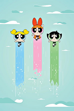 The Powerpuff Girls Flying Through a Pastel Sky With Colorful Trails HD phone wallpaper