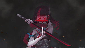 Anime girl with glowing red eyes holding a katana sword in a dark fantasy style HD wallpaper