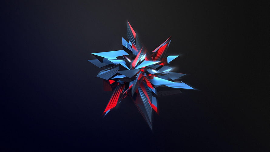 Abstract Geometric Crystal Shard with Red and Blue Neon Glow on Dark Background HD wallpaper