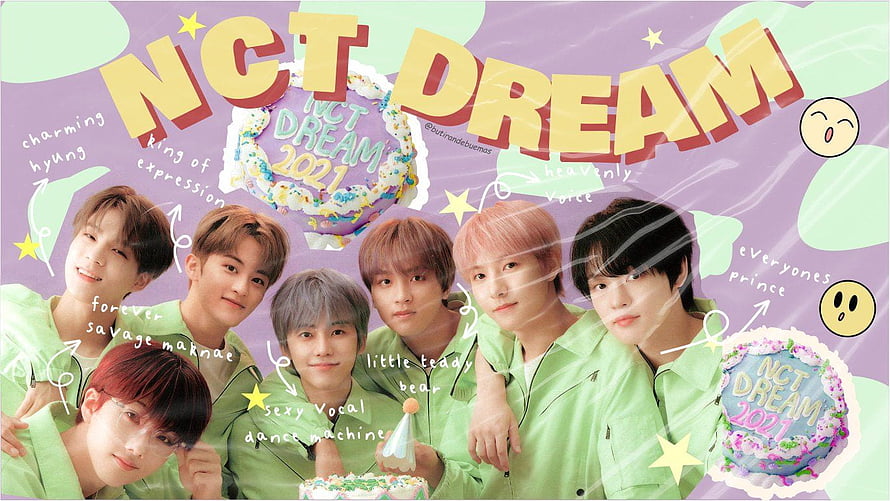 NCT Dream 2021 Birthday Celebration Wallpaper with Green Outfits and Pastel Background HD wallpaper