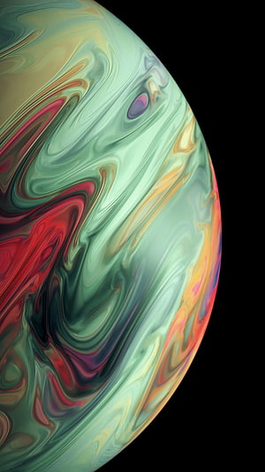 Iridescent Liquid Marble Sphere with Swirling Pastel and Crimson Hues on Black Background HD phone wallpaper