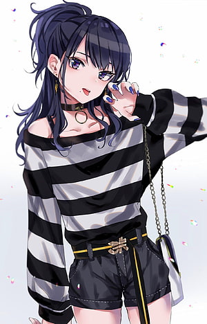 Anime Girl With Blue Hair In Striped Shirt And Shorts HD phone wallpaper
