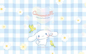 Cute Cinnamoroll blowing bubbles with yellow birds on a blue gingham background with daisies HD wallpaper