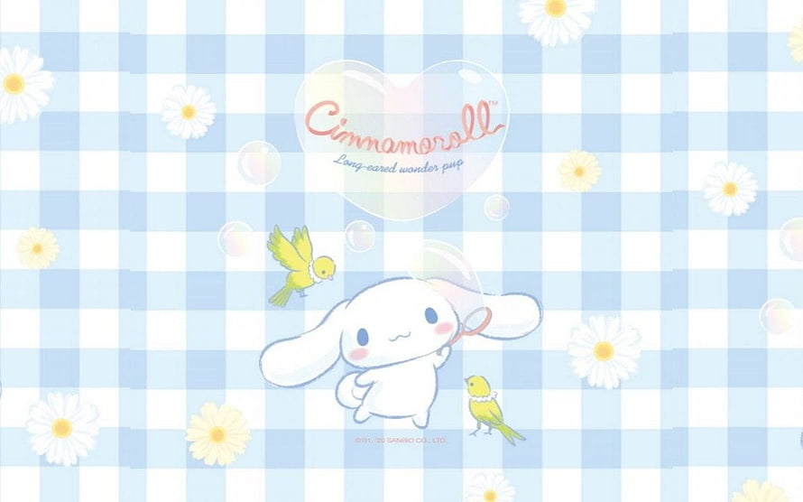 Cute Cinnamoroll blowing bubbles with yellow birds on a blue gingham background with daisies HD wallpaper