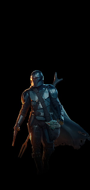 The Mandalorian and Grogu Walking in Armor with Cape and Blaster, The Mandalorian amoled, amoled mandalorian HD phone wallpaper