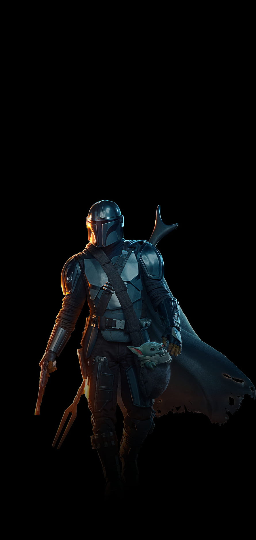 The Mandalorian and Grogu Walking in Armor with Cape and Blaster, The Mandalorian amoled, amoled mandalorian HD phone wallpaper
