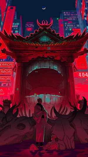 Cyberpunk Samurai Standing Before Glowing Torii Gate in Neon Red Cityscape HD phone wallpaper