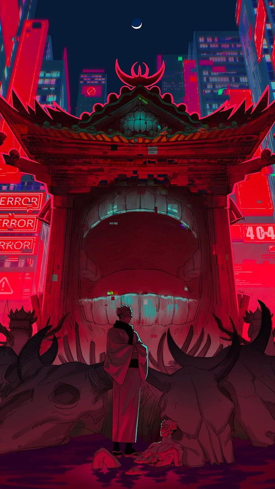Cyberpunk Samurai Standing Before Glowing Torii Gate in Neon Red Cityscape HD phone wallpaper