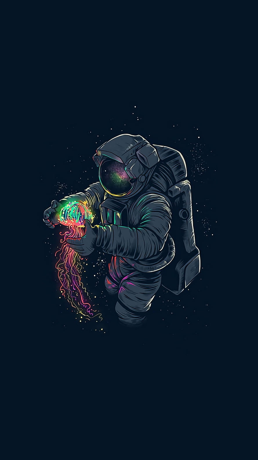Astronaut Holding Glowing Neon Jellyfish in Deep Space HD phone wallpaper