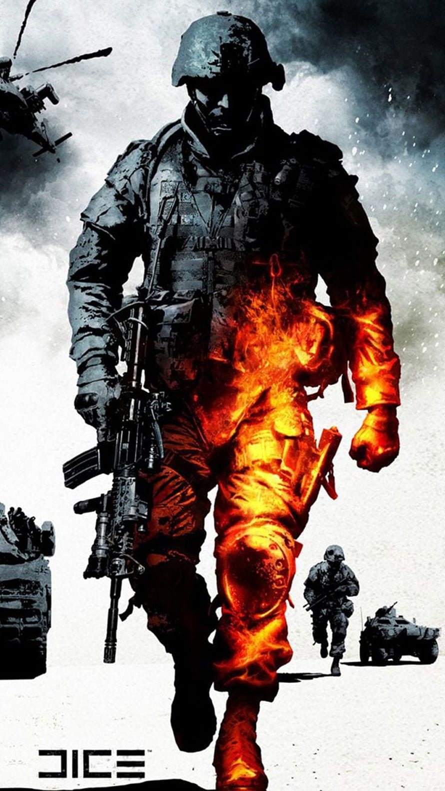 Flaming Soldier with Rifle in Dramatic Military Combat Artwork HD phone wallpaper