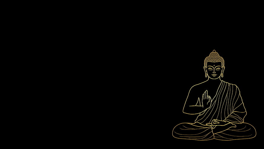Golden Line Art Buddha Sitting in Meditation Pose on Black Background HD wallpaper