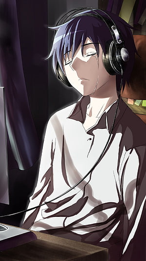 Anime boy with purple hair wearing headphones and white shirt relaxing at desk HD phone wallpaper