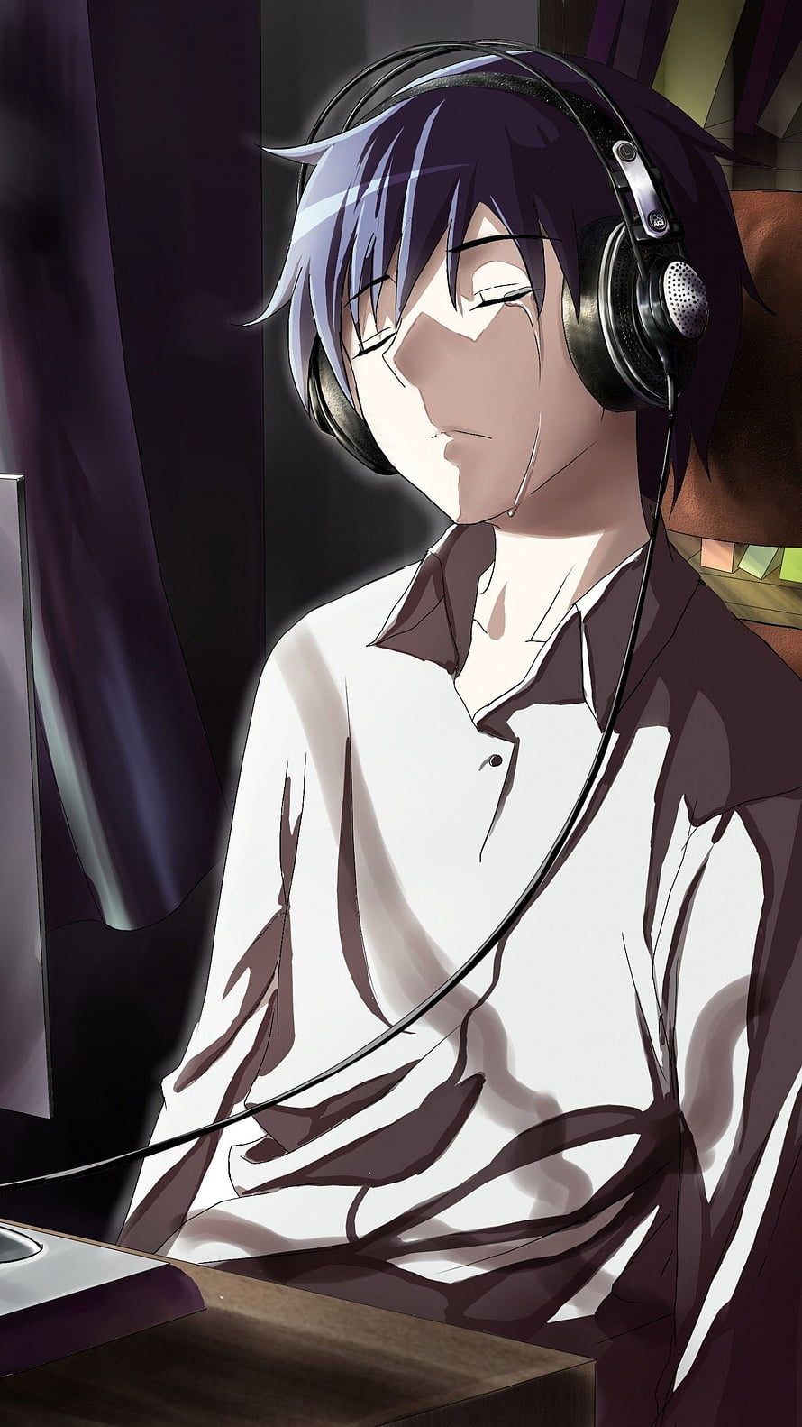 Anime boy with purple hair wearing headphones and white shirt relaxing at desk HD phone wallpaper