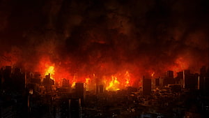 Fate Zero Burning Cityscape with Massive Fire and Dark Smoke HD wallpaper
