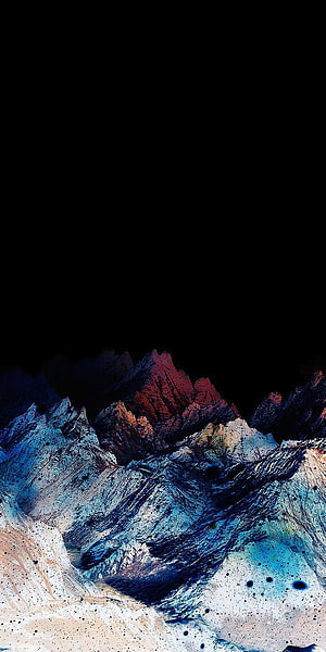 Abstract Mountain Landscape with Deep Black Sky and Vibrant Blue and Red Peaks HD phone wallpaper