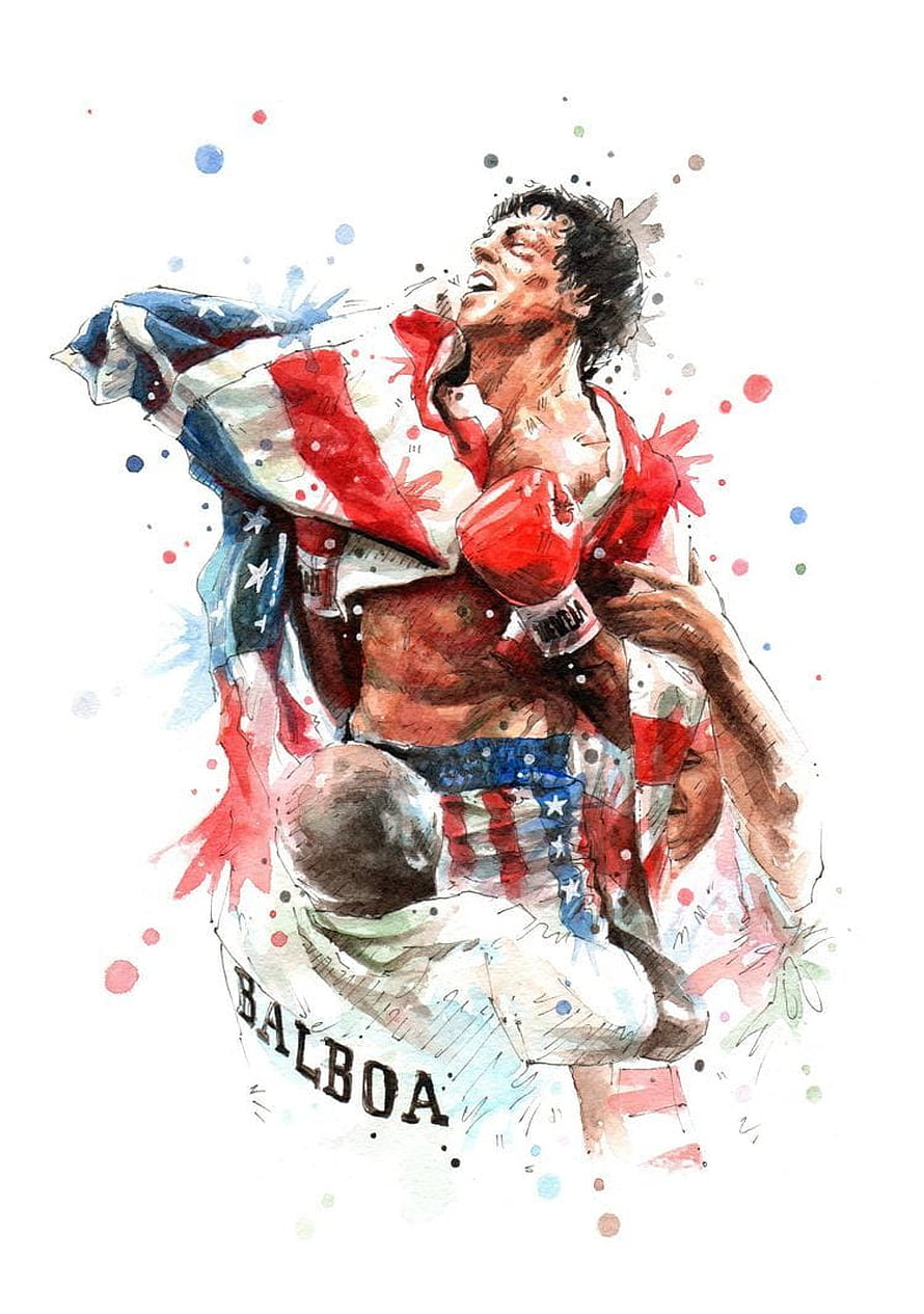 Rocky Balboa Watercolor Illustration with American Flag and Boxing Gloves HD phone wallpaper