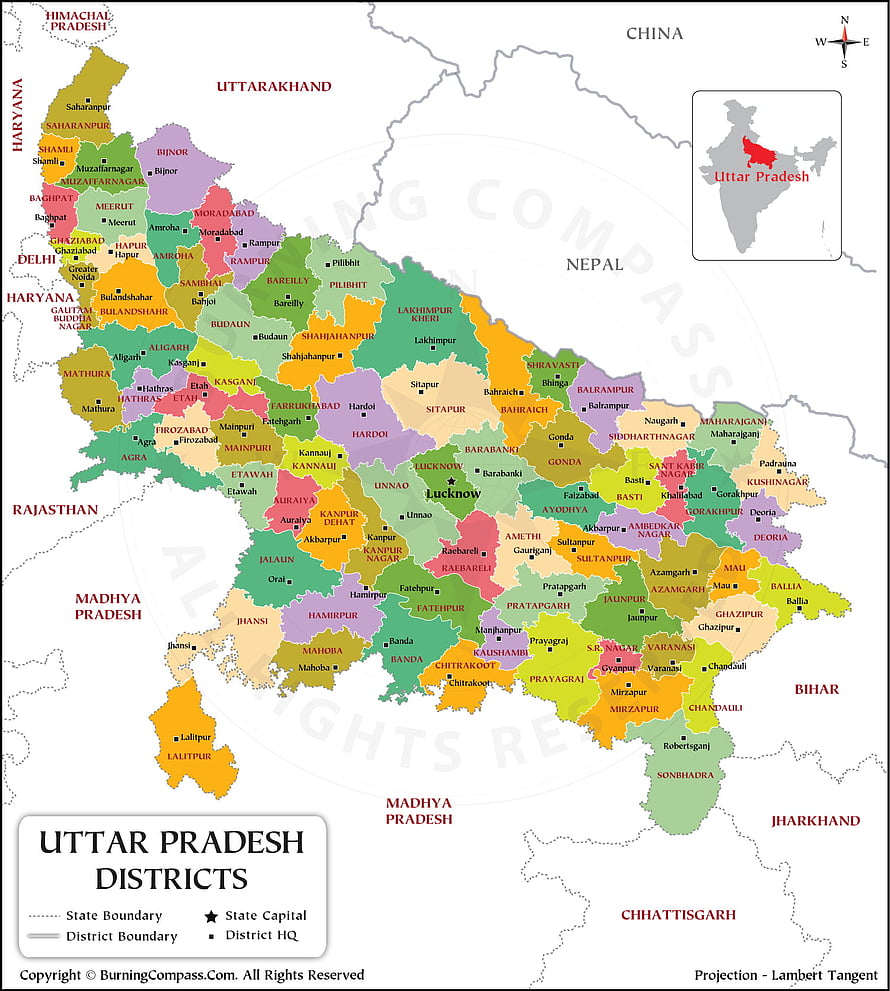 Detailed Political Map of Uttar Pradesh Districts in India with Neighboring States HD phone wallpaper