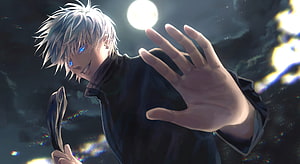 Satoru Gojo from Jujutsu Kaisen Reaching Forward Under a Full Moon HD wallpaper