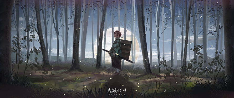 Demon Slayer: Kimetsu no Yaiba Tanjiro Kamado Walking Through Misty Forest at Night HD wallpaper