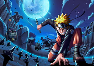 Naruto Uzumaki in Action with Shuriken Under a Full Moon in Ninja Voltage Anime Art HD wallpaper