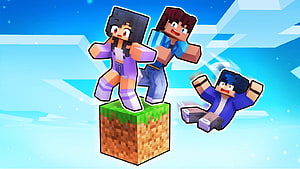 Minecraft One Block Challenge with Custom Skinned Characters on a Floating Grass Block HD wallpaper