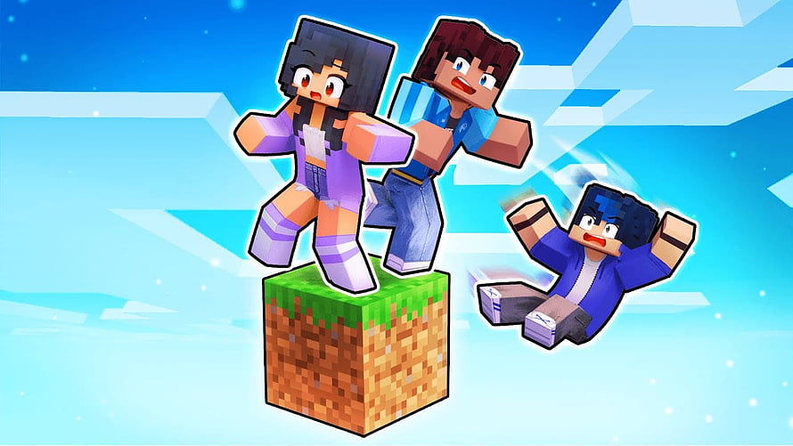 Minecraft One Block Challenge with Custom Skinned Characters on a Floating Grass Block HD wallpaper