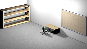 Minimalist Empty Office Room With Wooden Desk, Bookshelf, and Cork Board HD wallpaper