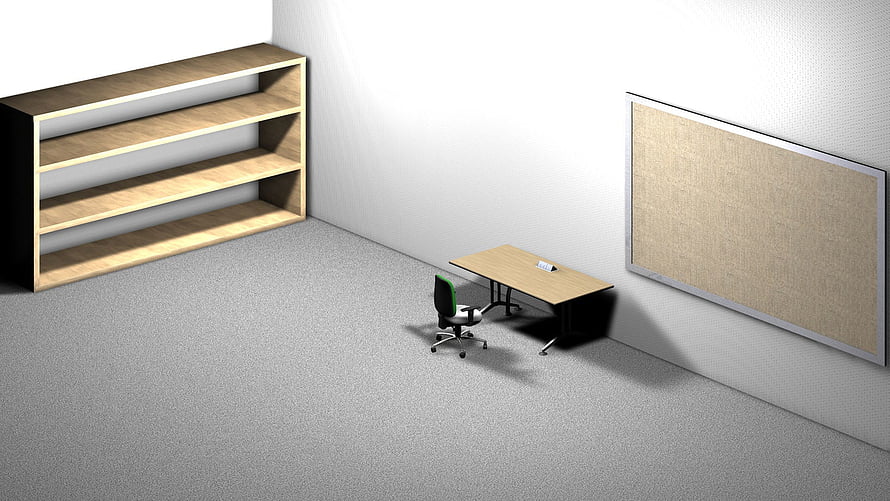 Minimalist Empty Office Room With Wooden Desk, Bookshelf, and Cork Board HD wallpaper