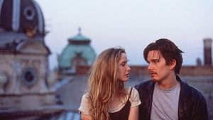 Before Sunrise Film Still of Couple on Paris Rooftop at Dusk HD wallpaper