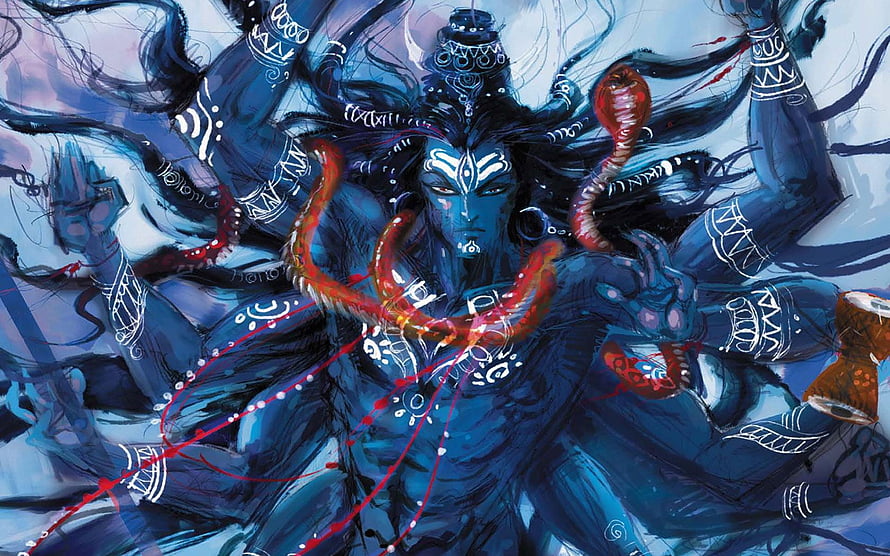 Angry Lord Shiva with Serpents and Tribal Markings in Dark Blue Digital Art HD wallpaper