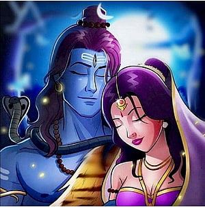 Shiva and Sati Embracing in a Serene Mythological Illustration HD phone wallpaper